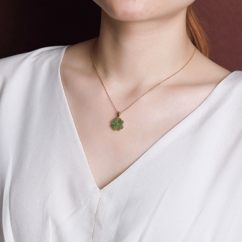 Buddha Stones de plata de ley 925, colgante de collar curativo con trébol de cuatro hojas de la suerte, Jade cian hetiano