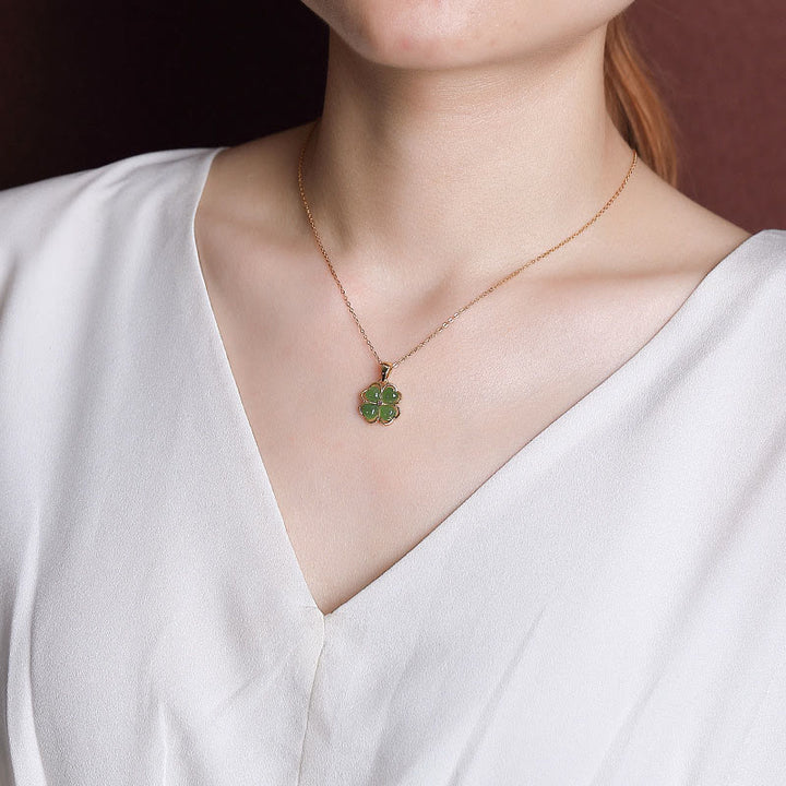 Buddha Stones de plata de ley 925, colgante de collar curativo con trébol de cuatro hojas de la suerte, Jade cian hetiano
