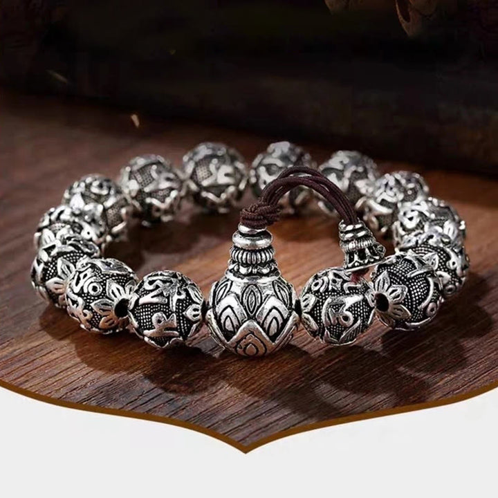 Pulsera de amuleto de cuentas de aleación talladas Om Mani Padme Hum tibetano con Buddha Stones