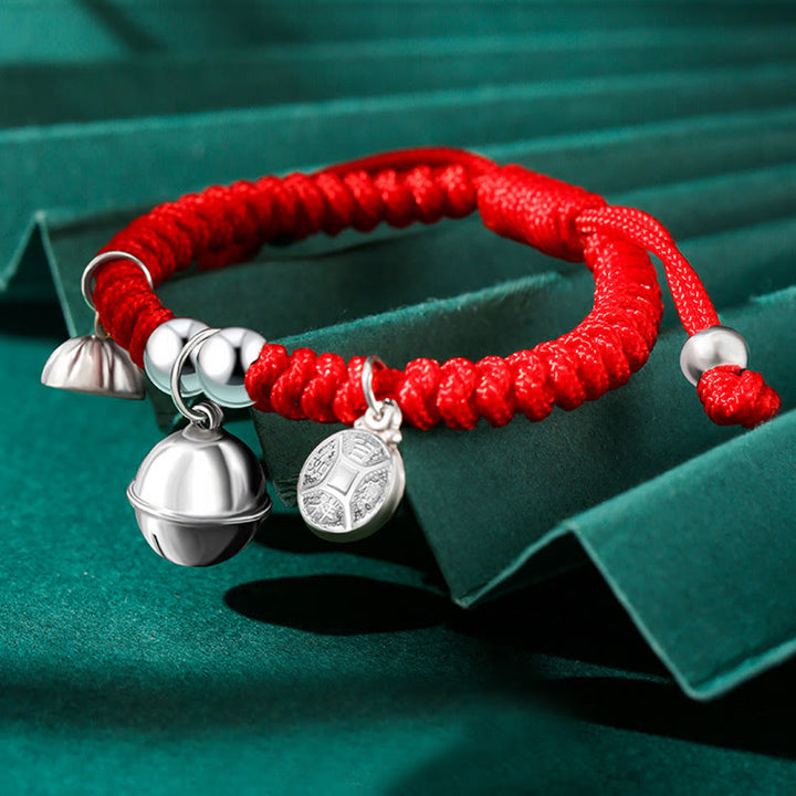 Buddha Stones Plata de ley 925 Hecha a mano Personaje Fu Bolsa de dinero de la suerte Candado chino Campana Loto Moneda de cobre Nudo King Kong Pulsera trenzada para niños