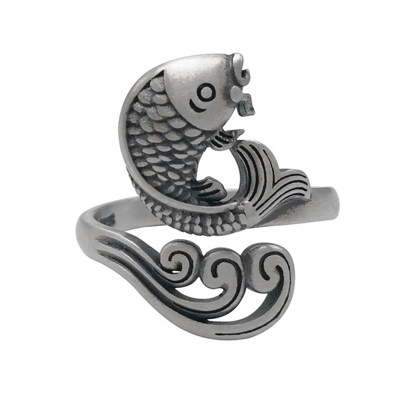 Anillo de plata de ley 925 con Buddha Stones , pez koi, ondulación de agua, suerte y riqueza