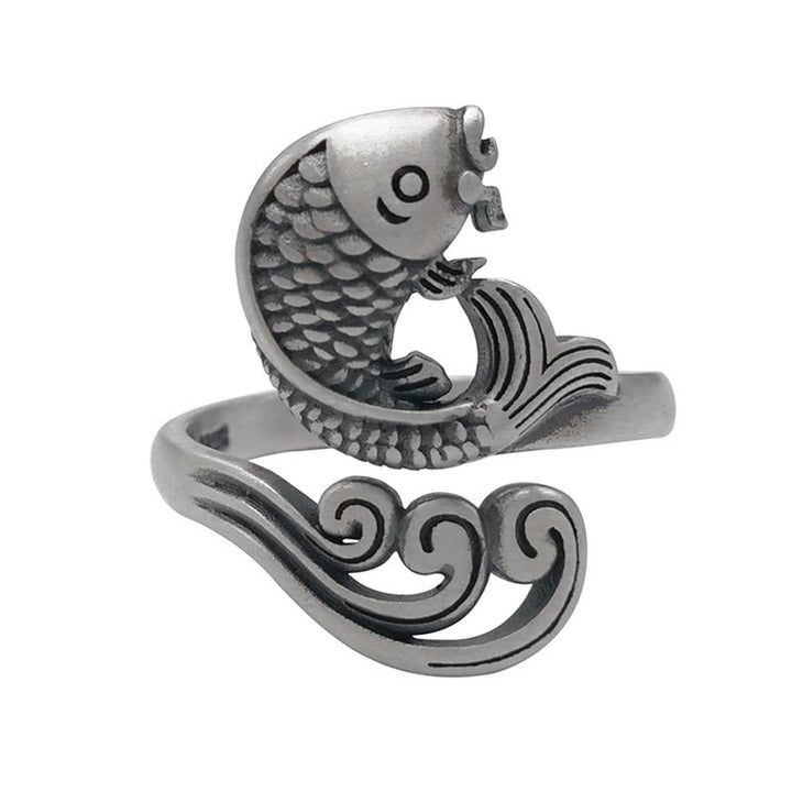 Anillo de plata de ley 925 con Buddha Stones , pez koi, ondulación de agua, suerte y riqueza