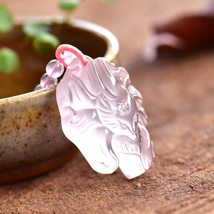 Collar con colgante de amor de zorro de nueve colas, cristal rosa Natural, Buddha Stones