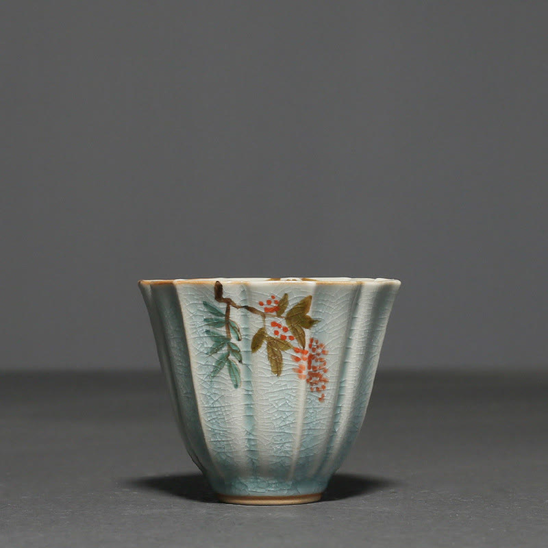 Taza de té de cerámica de Kung Fu con Buddha Stones , níspero, cornejo, espino, gloria de la mañana