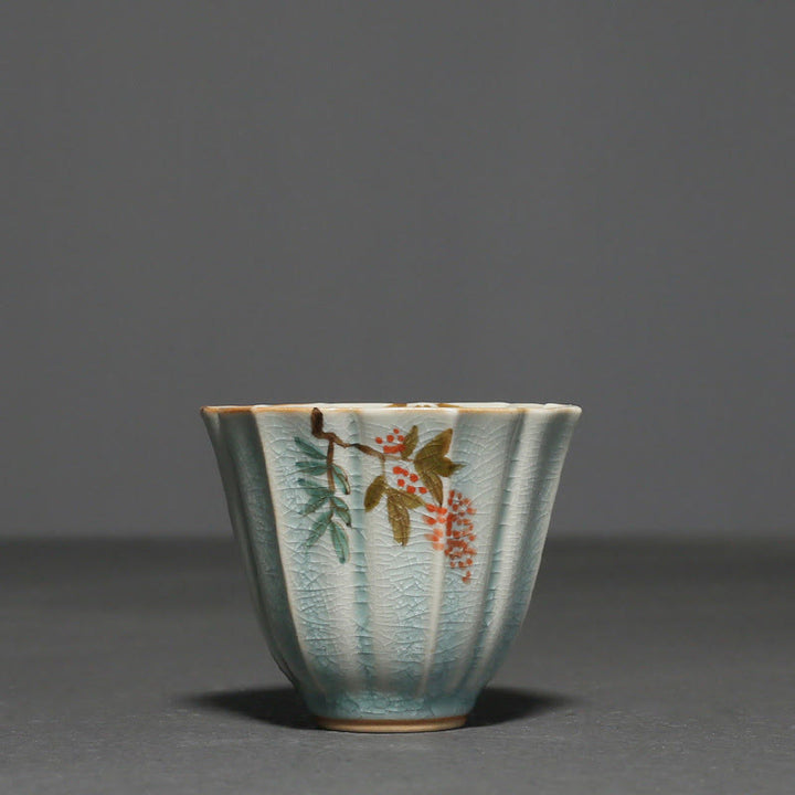 Taza de té de cerámica de Kung Fu con Buddha Stones , níspero, cornejo, espino, gloria de la mañana