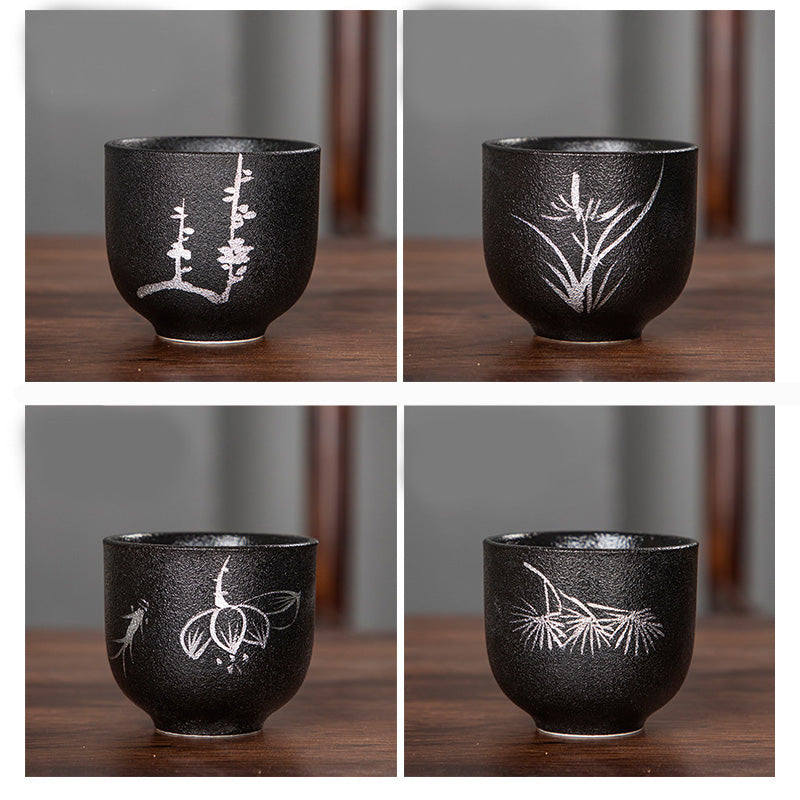 Buddha Stones, flor de loto pintada a mano, crisantemo de bambú, cerámica negra, taza de té de cerámica, taza de té de Kung Fu 95ml