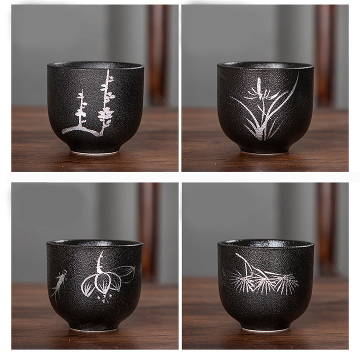 Buddha Stones, flor de loto pintada a mano, crisantemo de bambú, cerámica negra, taza de té de cerámica, taza de té de Kung Fu 95ml