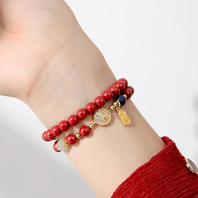 Pulsera de bendición de doble envoltura con carácter Fu de piedra Tridacna de cinabrio de plata de ley 925 de Buddha Stones - image 6