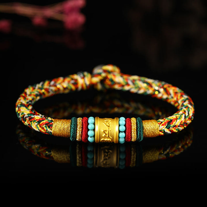 Buddha Stones Tíbet 999 oro Om Mani Padme Hum pulsera de la suerte hecha a mano con ocho hilos y nudo de la paz