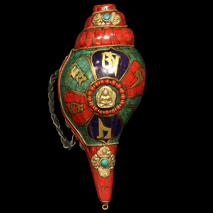 Concha tibetana hecha a mano Shankha Om Mani Padme Hum Buda, decoración de la suerte