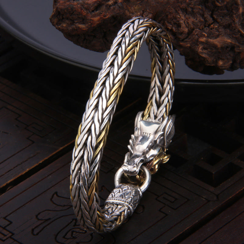 Pulsera de diseño trenzado de metal con protección de dragón auspicioso del año del dragón de plata de ley 925 con Buddha Stones