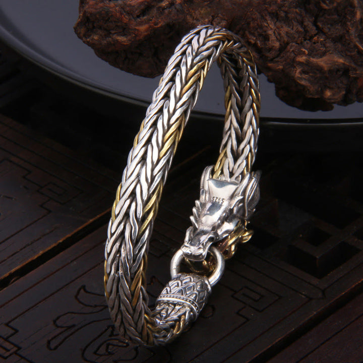 Pulsera de diseño trenzado de metal con protección de dragón auspicioso del año del dragón de plata de ley 925 con Buddha Stones