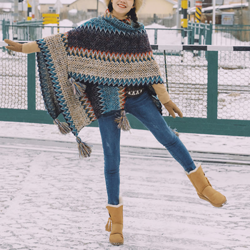 Mantón tibetano de Buddha Stones , bufanda cálida con borlas y patrón ondulado azul, Beige y rojo para invierno