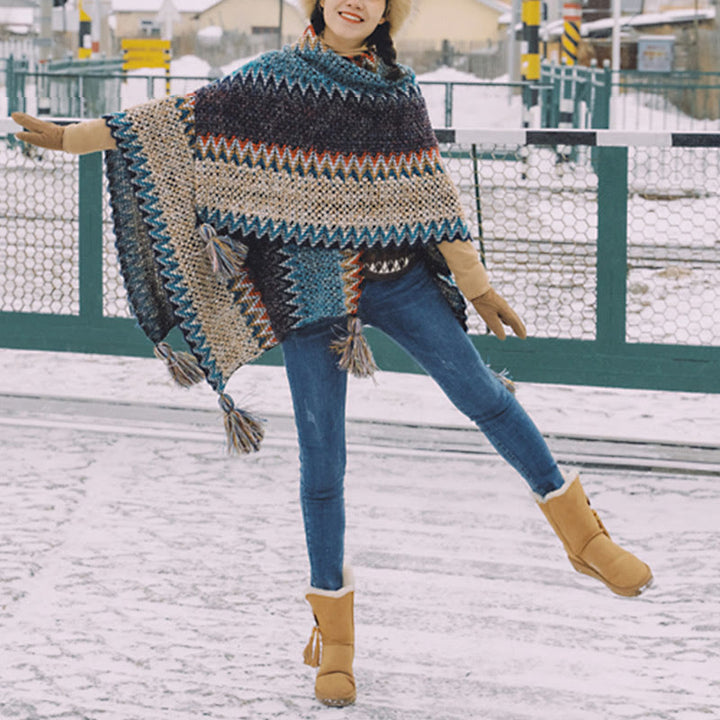Mantón tibetano de Buddha Stones , bufanda cálida con borlas y patrón ondulado azul, Beige y rojo para invierno