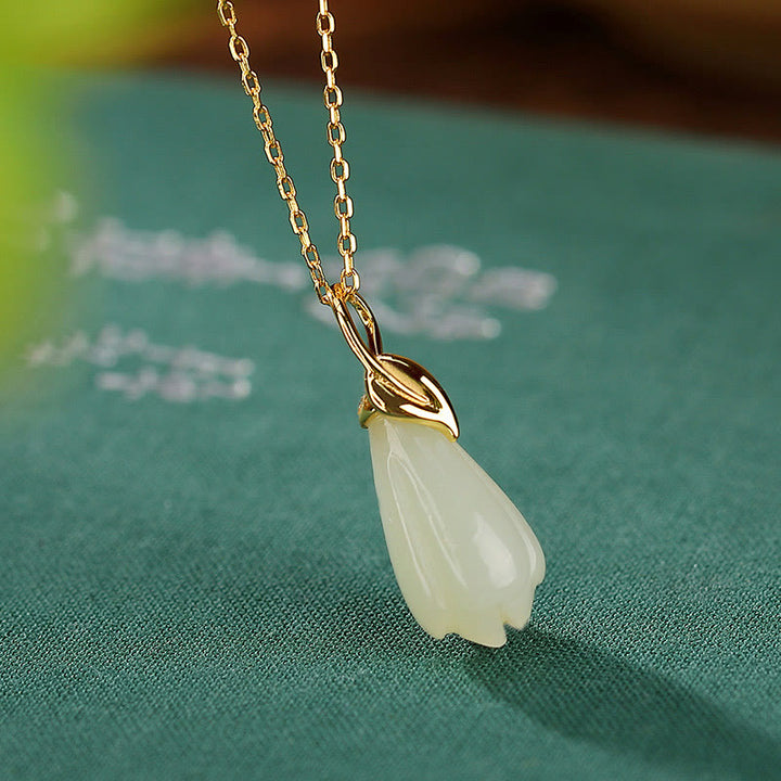 Buddha Stones , colgante de collar de abundancia de flor de Magnolia de Jade hetiano Natural chapado en plata de ley 925