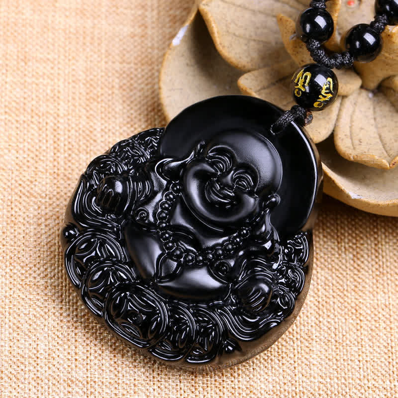Collar con colgante de protección de fuerza de obsidiana negra de Buda sonriente con Buddha Stones - image 4