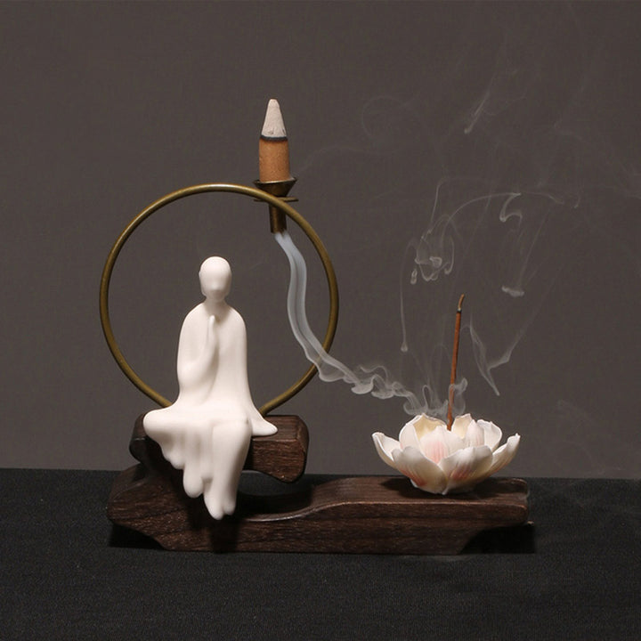 Quemador de incienso de meditación curativa de loto de cerámica con Buddha Stones , decoración