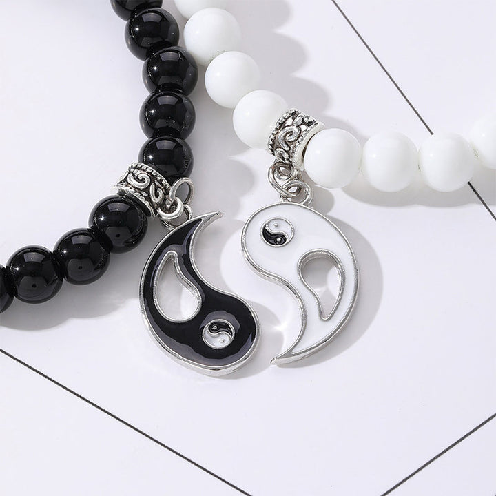 Buddha Stones 2 uds. Pulsera de pareja de protección Yin Yang con cuentas de turquesa blanca y ónix negro - image 7