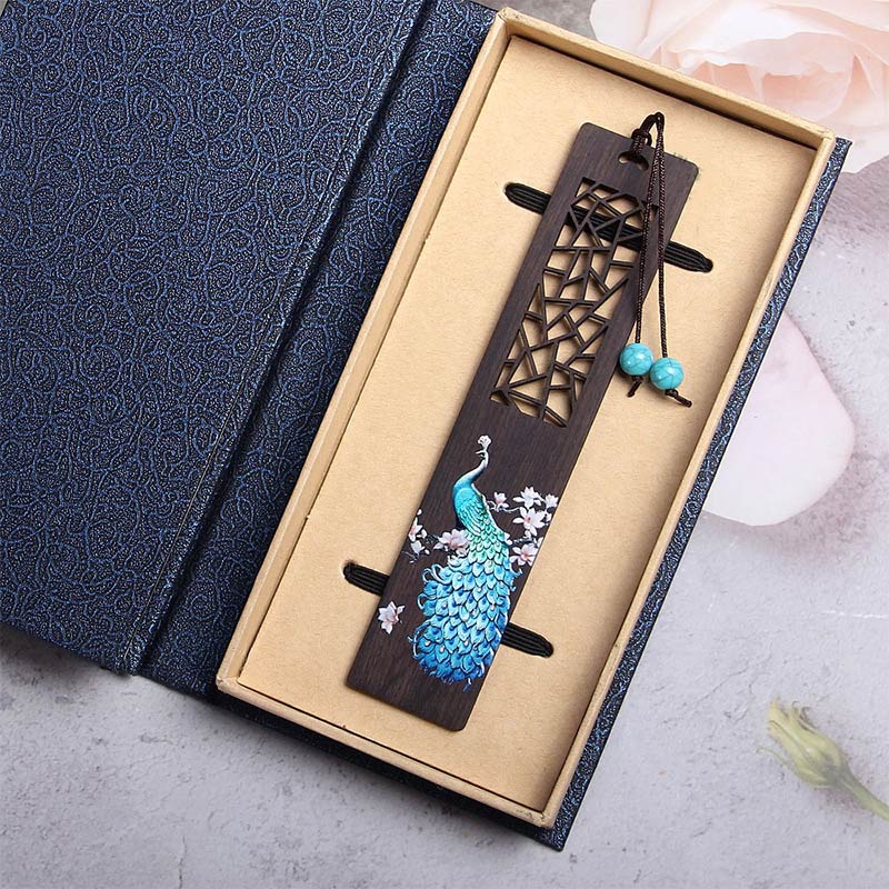 Marcadores de libros de madera de ébano y pavo real azul con Buddha Stones y caja de regalo