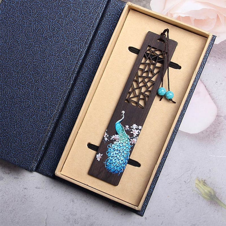Marcadores de libros de madera de ébano y pavo real azul con Buddha Stones y caja de regalo