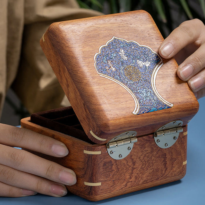 Caja organizadora de regalo de madera, caja de almacenamiento de joyería de palisandro hecha a mano con hoja de flor antigua