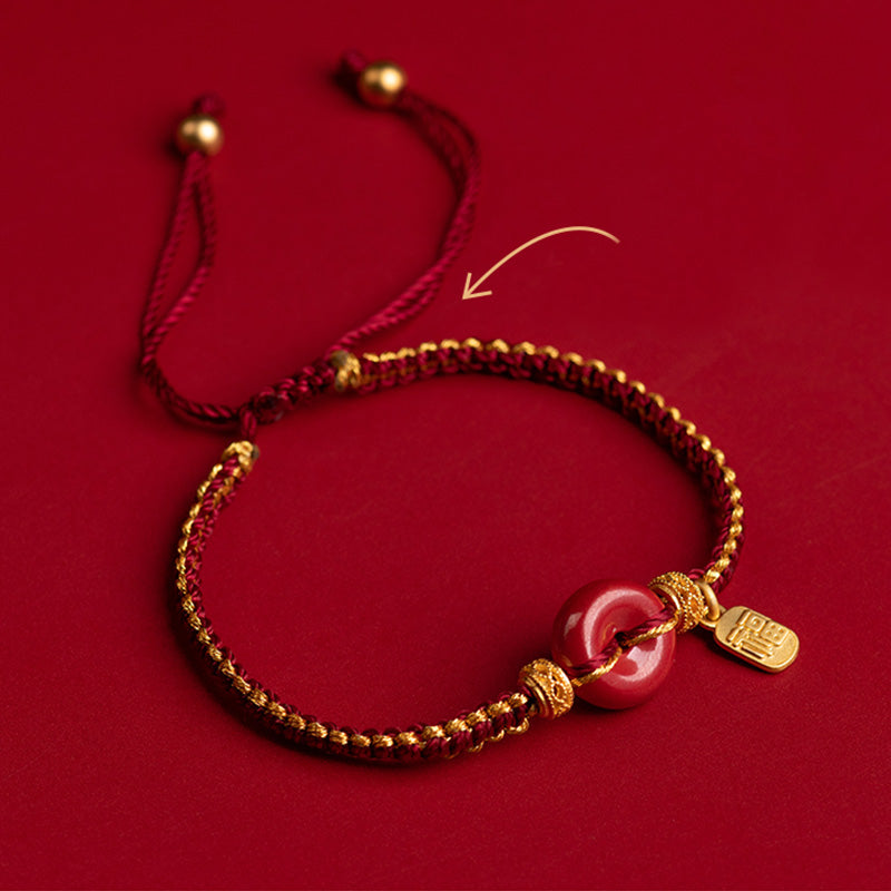 Pulsera trenzada de bendición con dije de personaje Fu con hebilla de paz y cinabrio natural con Buddha Stones