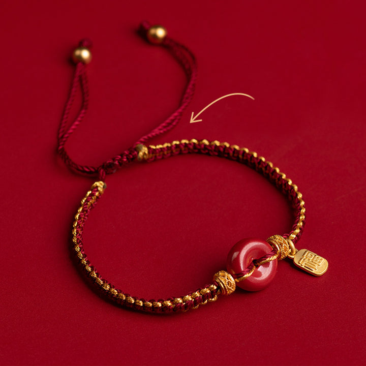 Pulsera trenzada de bendición con dije de personaje Fu con hebilla de paz y cinabrio natural con Buddha Stones