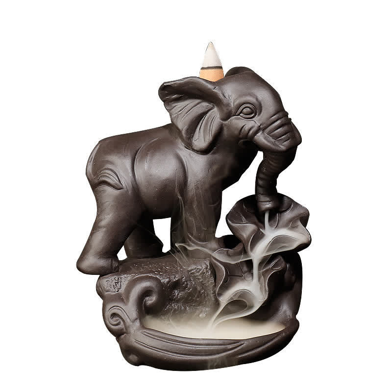Elefante tibetano, fuente de humo de reflujo de arcilla púrpura, decoración de quemador de incienso curativo de paz