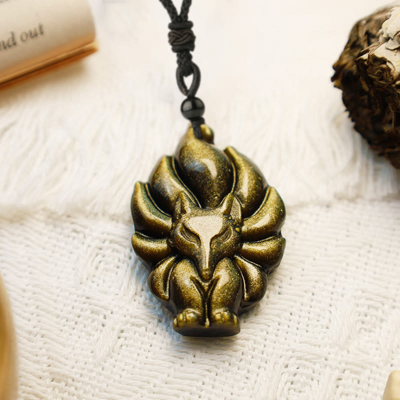 Collar de protección con colgante de zorro de obsidiana con brillo dorado de fluorita natural con Buddha Stones - image 8