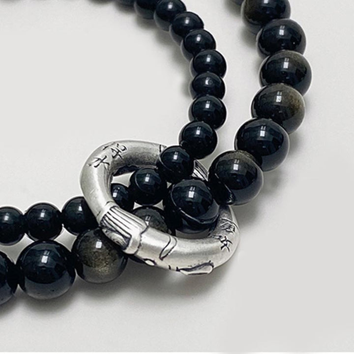 Pulsera de doble capa de obsidiana negra de plata de ley 999 con Buddha Stones