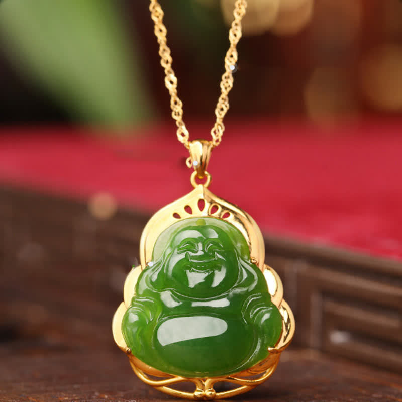 Colgante de cadena de collar curativo de oro de 18 quilates de Buda sonriente de jade cian hetiano natural de plata de ley 925 - Jade Cian Hetian (Éxito ♥ Curación) - image 1