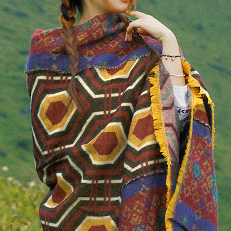 Mantón tibetano de Buddha Stones, patrón de formas geométricas, marrón, azul y rojo, bufanda de viaje acogedora para invierno