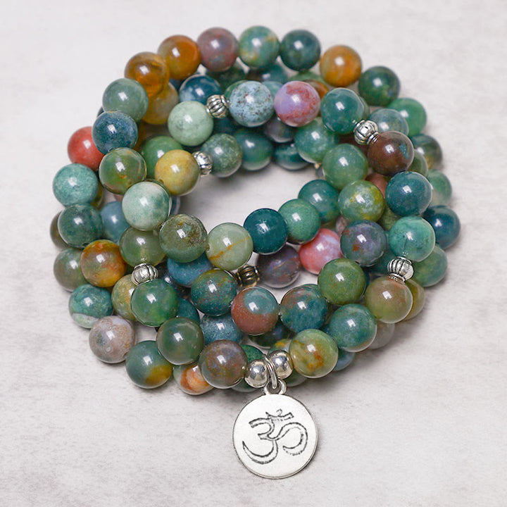 Buddha Stones 108 cuentas de Mala ágata india loto OM Buda Árbol de la vida pulsera de calma positiva