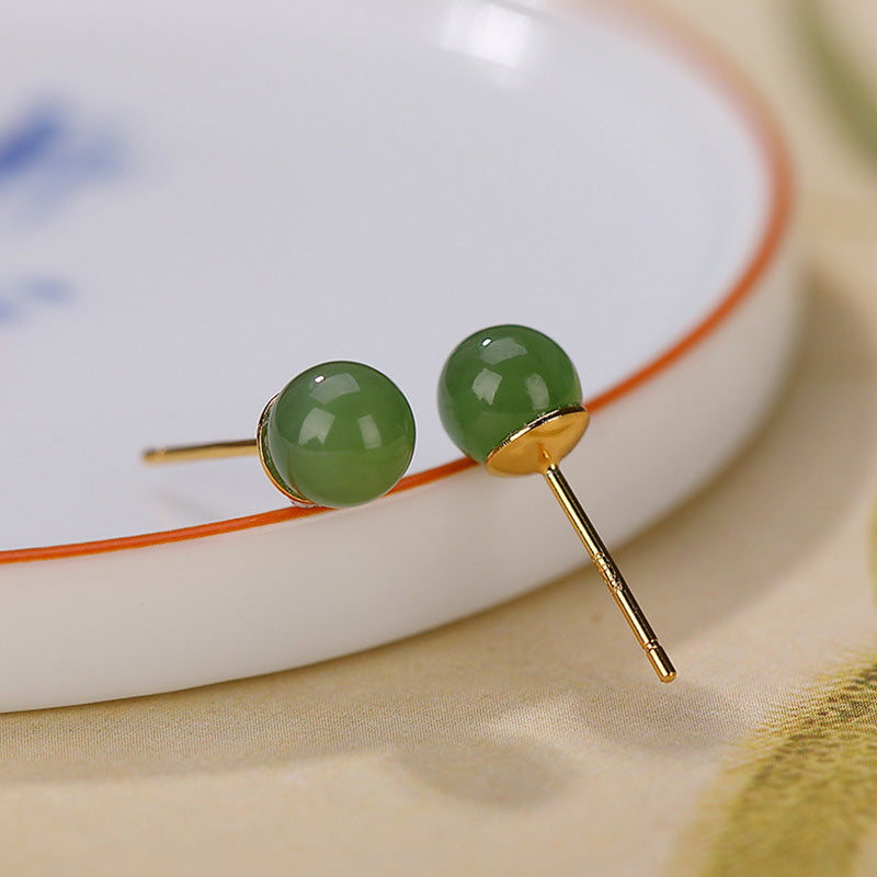 Pendientes de tuerca de plata de ley 925 con Buddha Stones , redondos, jade cian curativo y tranquilo