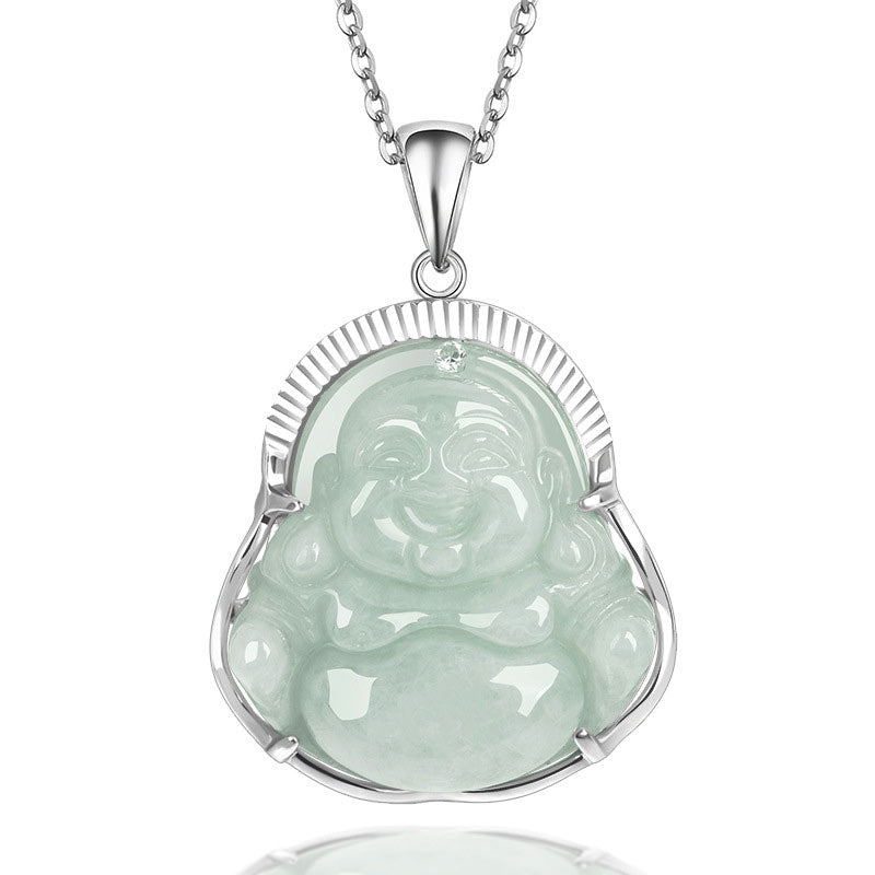 Collar con colgante de cadena de plata de ley 925 con Buddha Stones , Buda sonriente, jade, suerte y calma - Jade - image 1