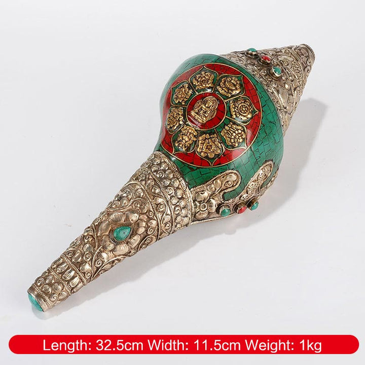 Tibetano hecho a mano grabado Shankha doble Dorje Buda Concha riqueza decoración positiva