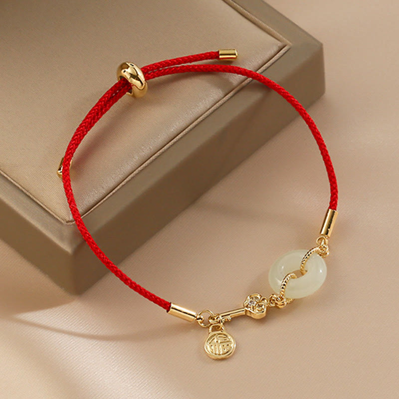 Pulsera de cuerda roja con hebilla de paz de jade hetiano chapado en oro de 18 quilates con Buddha Stones