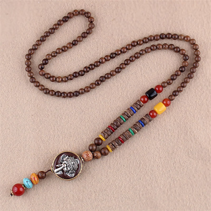 Colgante de collar de protección de elefante de ágata de semilla Bodhi de madera de wengué tibetano con Buddha Stones