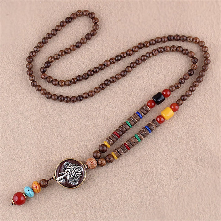 Colgante de collar de protección de elefante de ágata de semilla Bodhi de madera de wengué tibetano con Buddha Stones