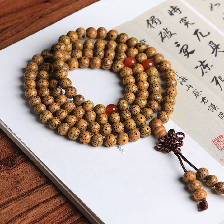 Buddha Stones 108 cuentas Mala, semilla Bodhi, ágata roja, pulsera auspiciosa