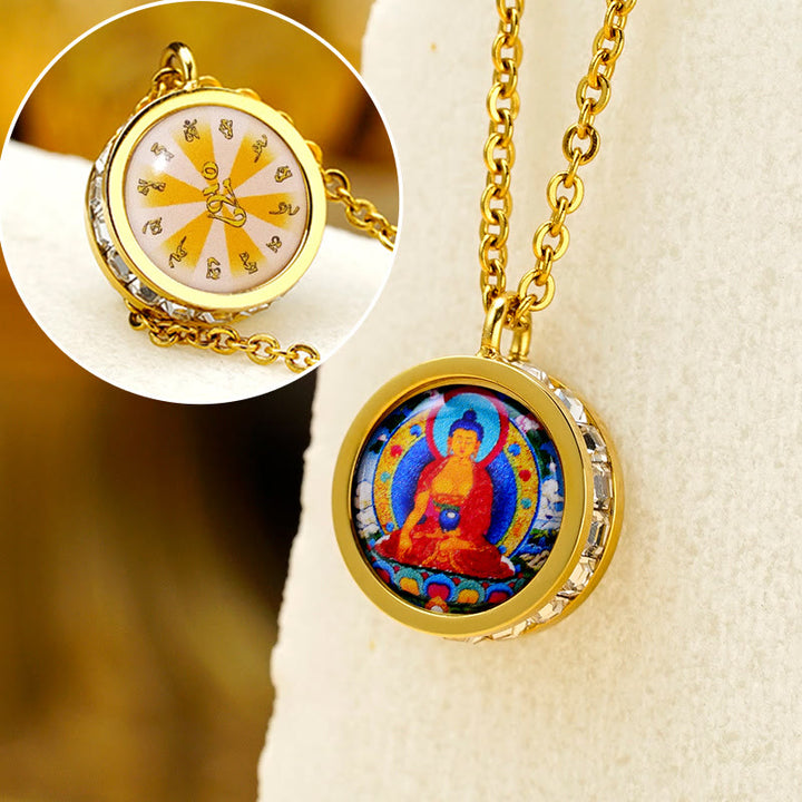 Buddha Stones tibetano amarillo dios de la riqueza Tara verde Buda serenidad collar de acero titanio colgante - Frente Buda Sakyamuni Espalda Mantra - image 15