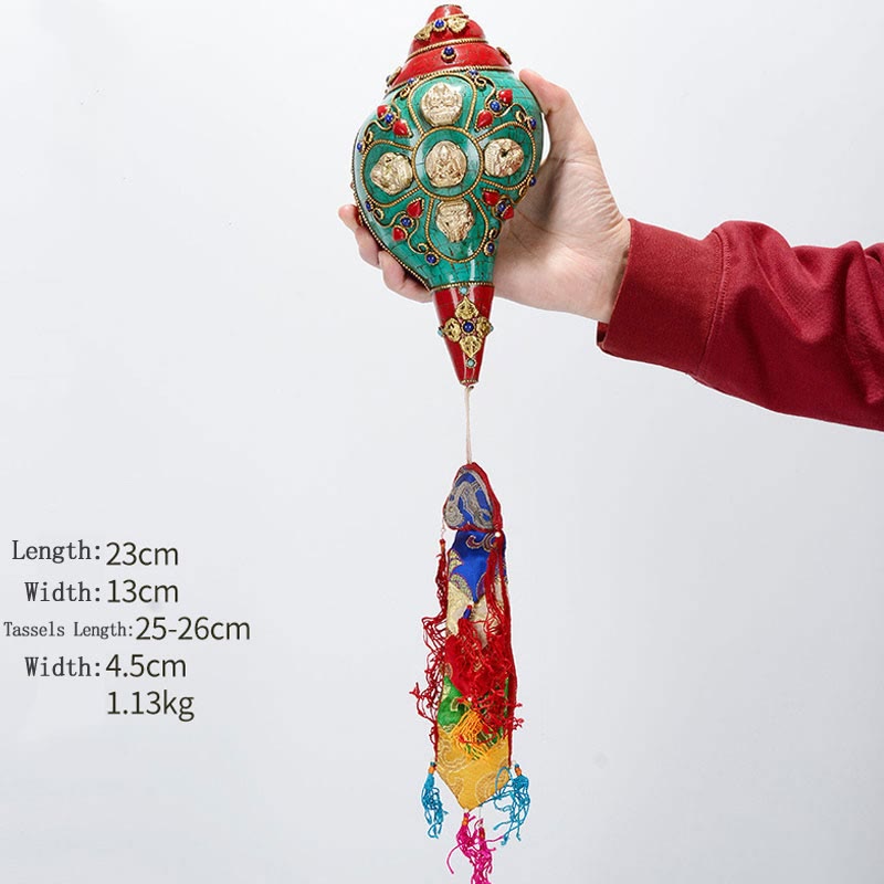 Tibetano hecho a mano Shankha Om Mani Padme Hum Buda Avalokitesvara turquesa Concha decoración positiva