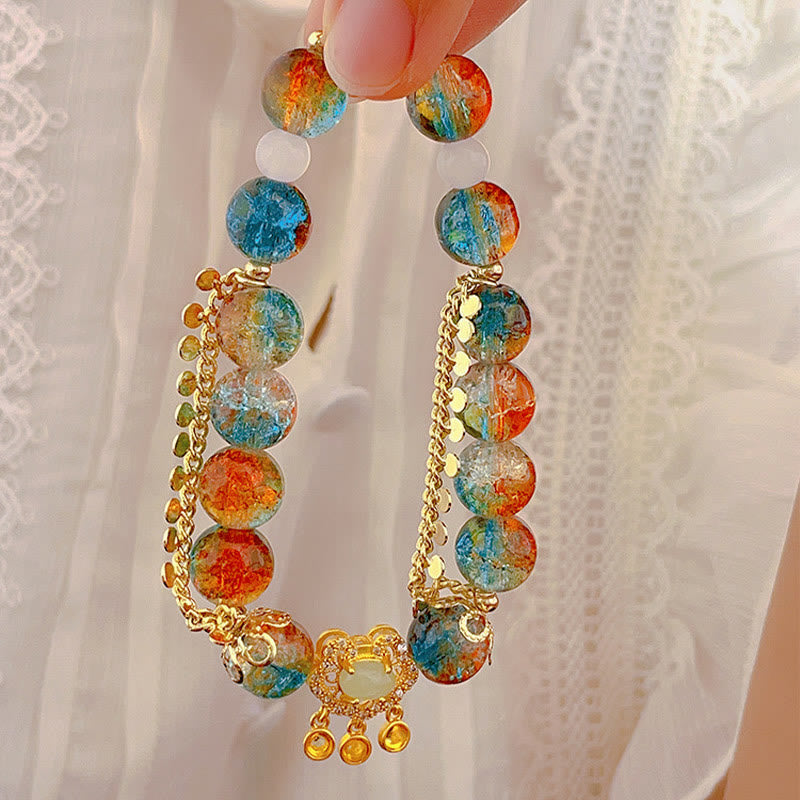 Pulsera de la fortuna con dijes de cerradura china con cuentas de vidrio Liuli coloridas de Buddha Stones