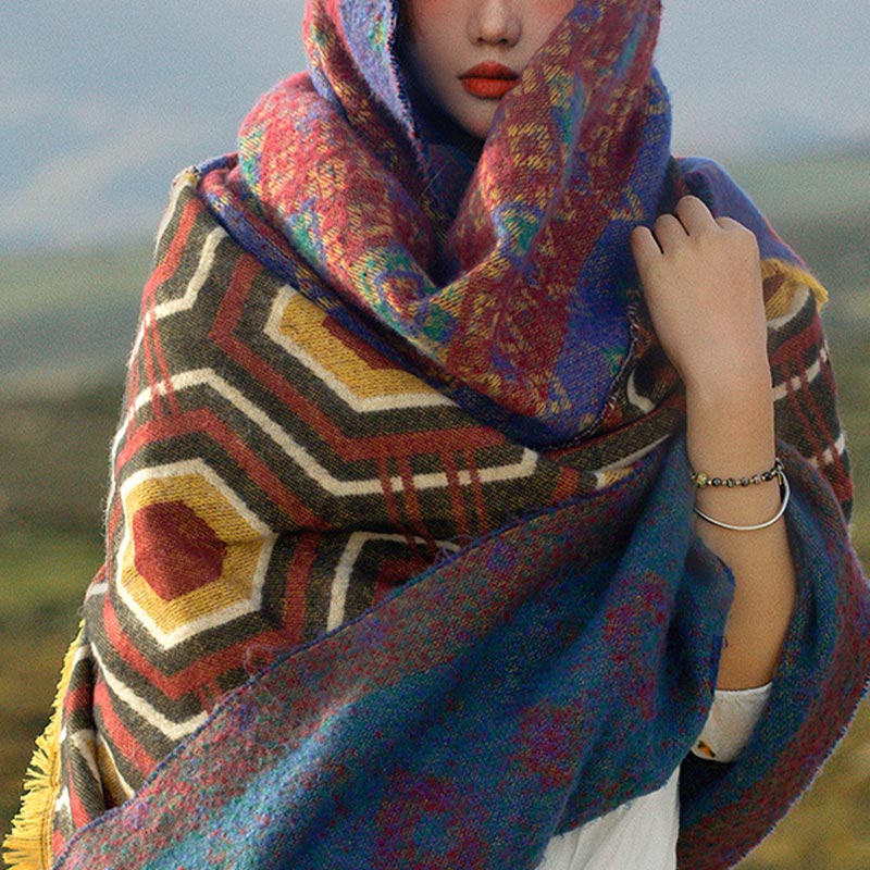 Mantón tibetano de Buddha Stones, patrón de formas geométricas, marrón, azul y rojo, bufanda de viaje acogedora para invierno