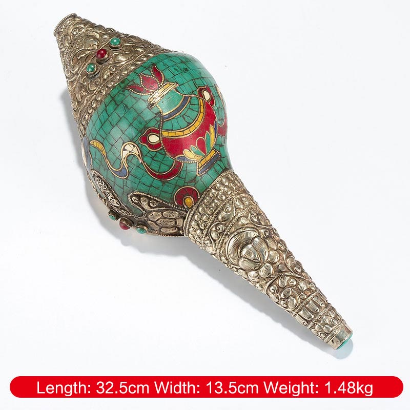 Tibetano hecho a mano grabado Shankha doble Dorje Buda Concha riqueza decoración positiva - Jarrón con ocho símbolos auspiciosos, 32,5 x 13,5 cm. - image 13