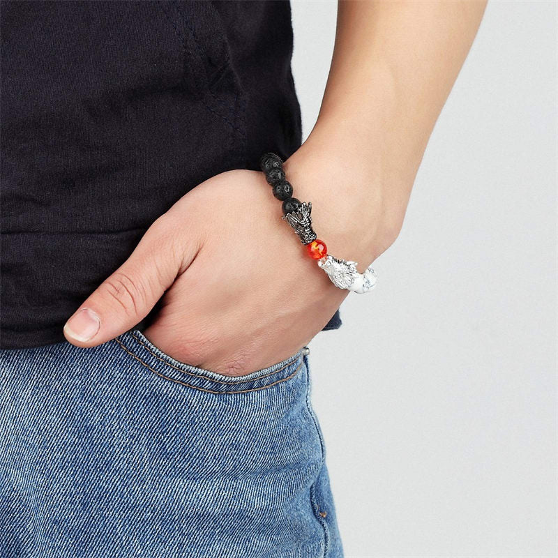 Pulsera con cuentas de bendición de dragón de roca de lava, turquesa blanca, Buddha Stones