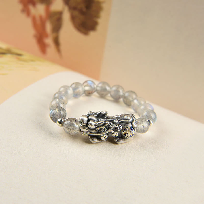Buddha Stones Anillo de plata de ley 925 con piedra lunar granate natural, ágata roja, PiXiu