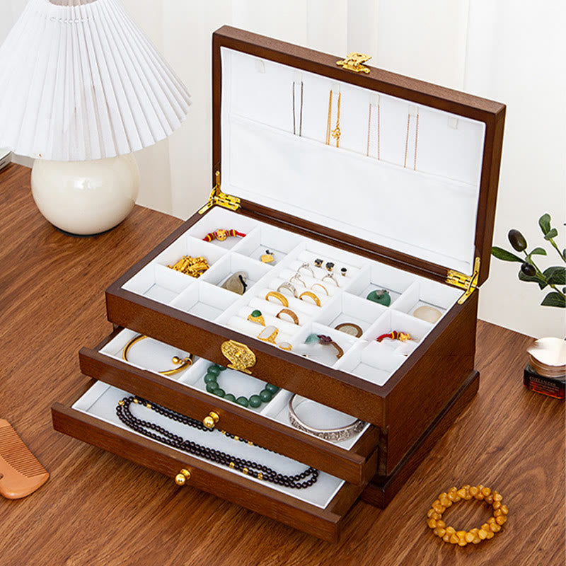 Caja de joyería de madera retro con Buddha Stones, caja de almacenamiento de joyas de tres capas