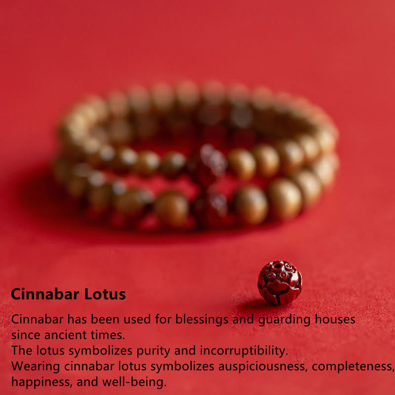 Pulsera de riqueza y suerte con Buddha Stones, madera de melocotón, loto, cinabrio