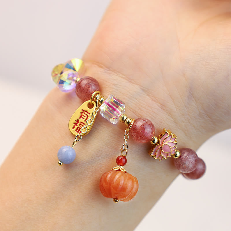 Pulsera positiva con dije de calabaza con personaje Fu de cuarzo fresa natural con Buddha Stones